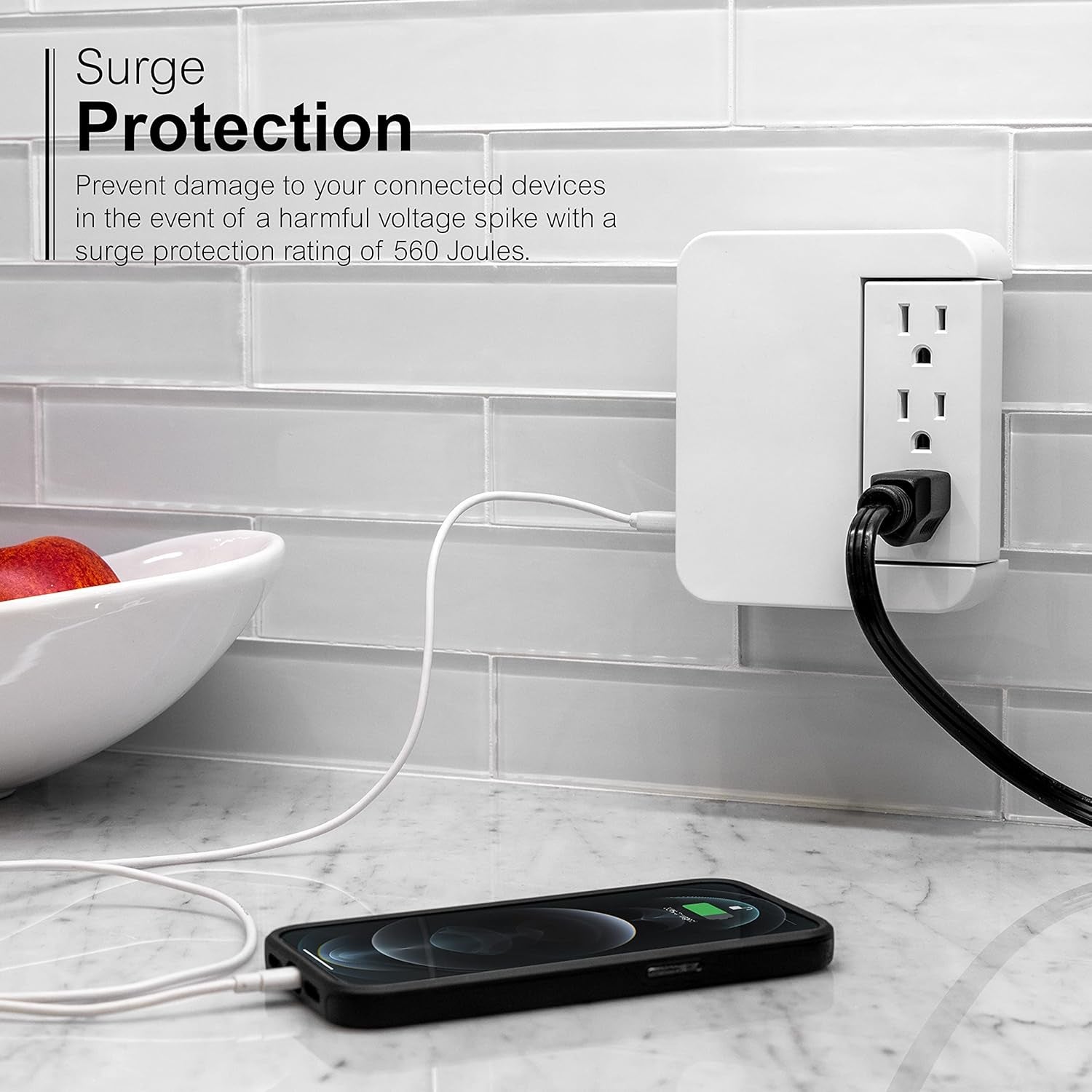 Pro Side-Access Sur Protector with 5 Outlets and 2 USB Ports - Compact Wall Tap Charging Station, 560 Joules, UL Listed, White