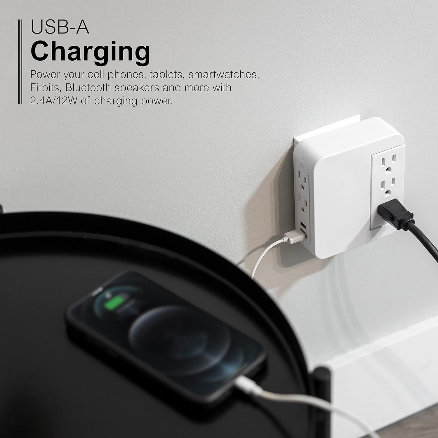 Pro Side-Access Sur Protector with 5 Outlets and 2 USB Ports - Compact Wall Tap Charging Station, 560 Joules, UL Listed, White