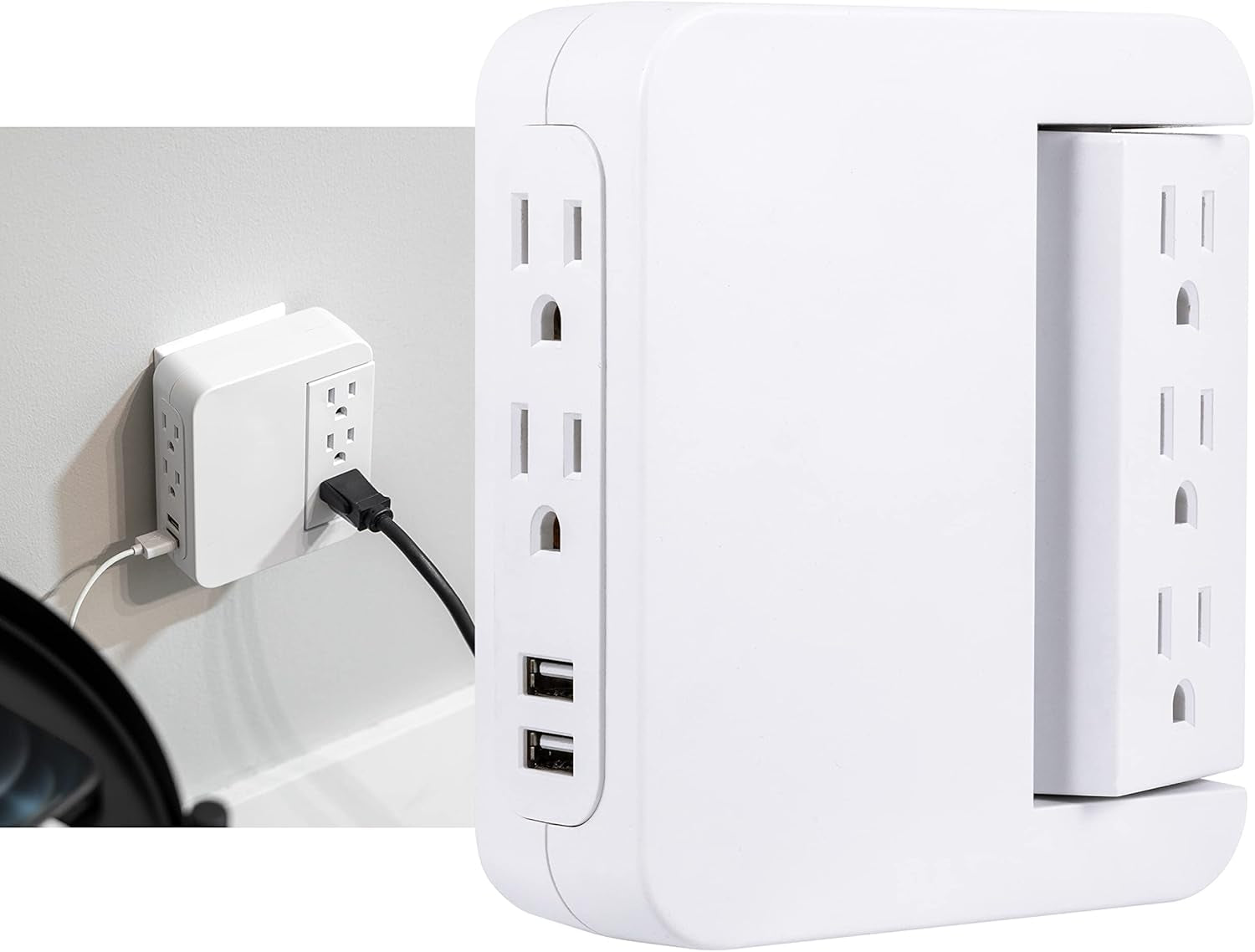 Pro Side-Access Sur Protector with 5 Outlets and 2 USB Ports - Compact Wall Tap Charging Station, 560 Joules, UL Listed, White