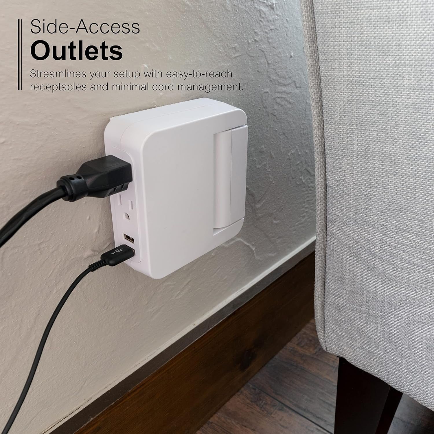 Pro Side-Access Sur Protector with 5 Outlets and 2 USB Ports - Compact Wall Tap Charging Station, 560 Joules, UL Listed, White