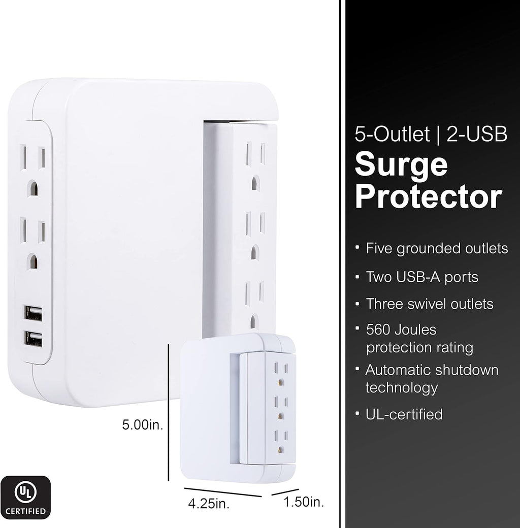 Pro Side-Access Sur Protector with 5 Outlets and 2 USB Ports - Compact Wall Tap Charging Station, 560 Joules, UL Listed, White