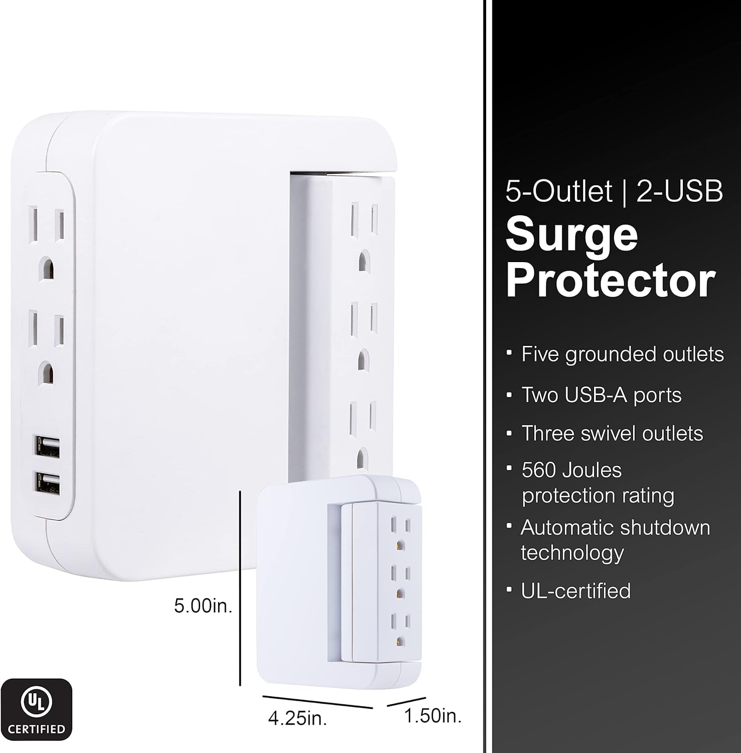Pro Side-Access Sur Protector with 5 Outlets and 2 USB Ports - Compact Wall Tap Charging Station, 560 Joules, UL Listed, White